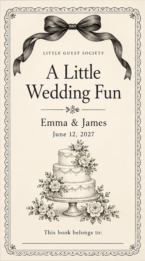 Classic Wedding activity book cover with a black ribbon, ornamental border, and illustrated wedding cake