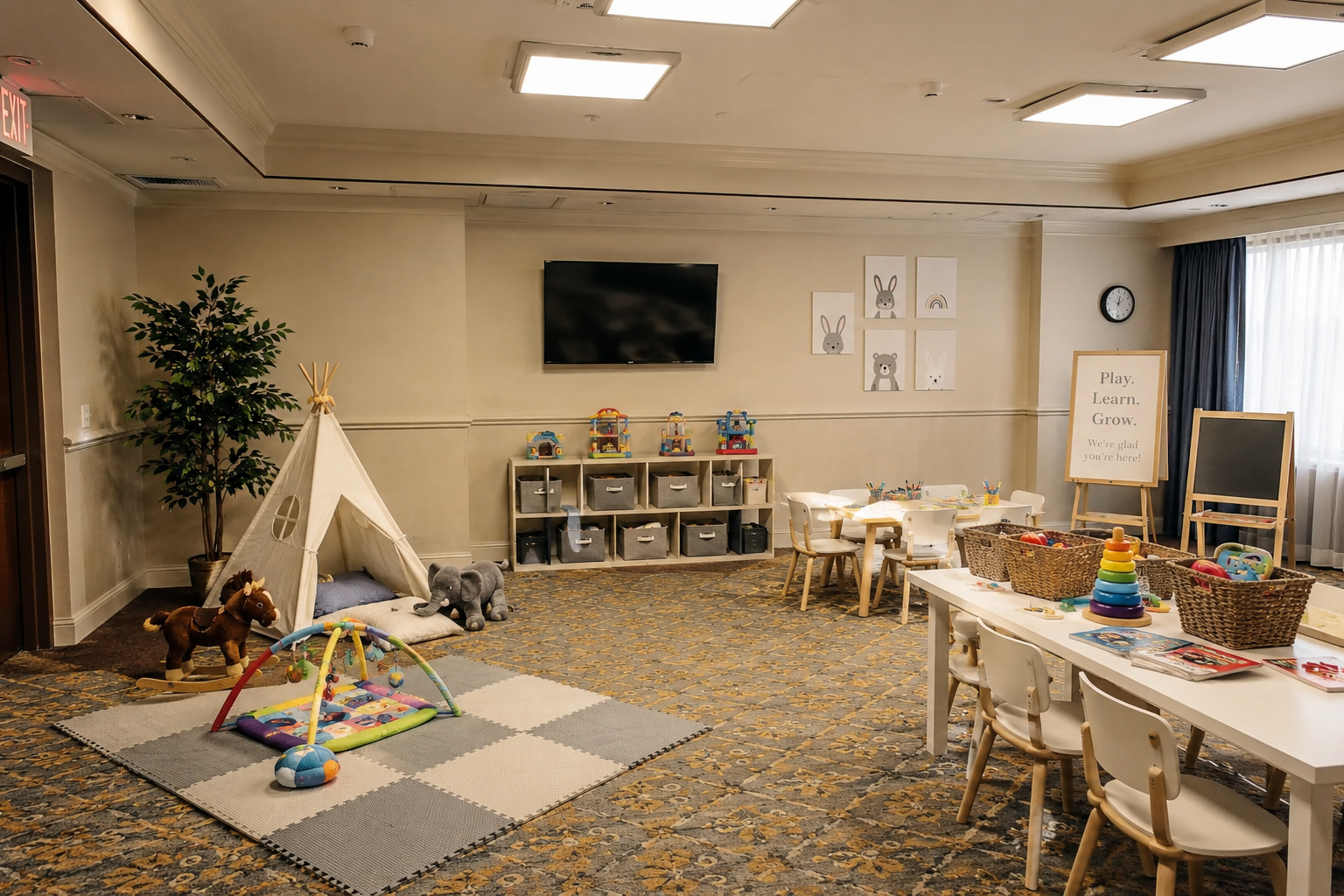 Branded kids lounge with teepee, play mats, toys, and craft tables set up at a corporate event venue