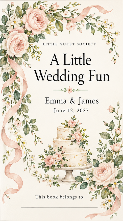 Garden Wedding activity book cover with blush roses, greenery, ribbons, and a floral wedding cake