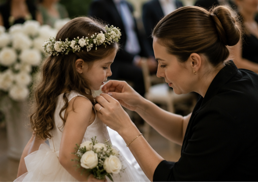 Caregiver adjusting a flower girl's dress before the ceremony