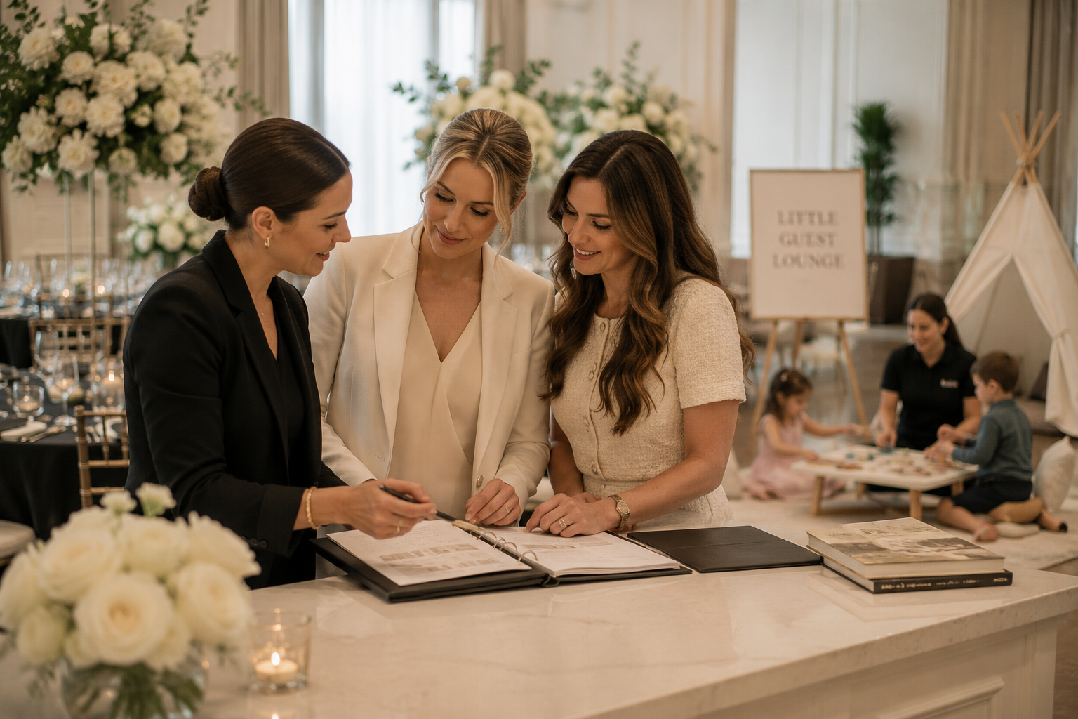 Planner reviewing a Little Guest Society partnership book with a couple