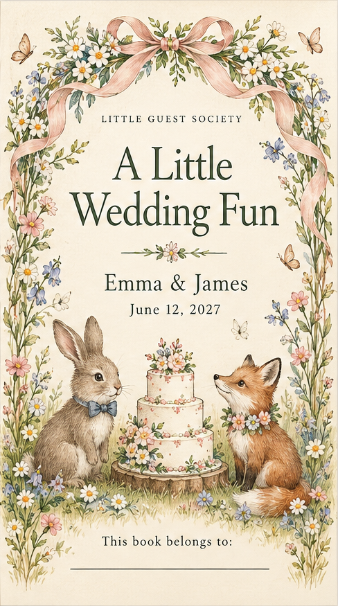 Storybook Wedding activity book cover with wildflowers, ribbons, butterflies, a rabbit, fox, and wedding cake