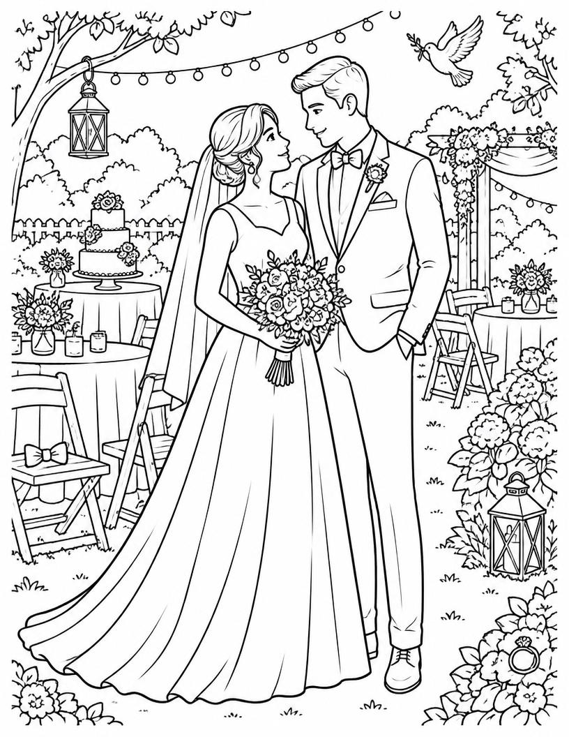 Sample Wedding Find & Search page: bride and groom in wedding attire at a garden reception with hidden cake, ring, dove, lanterns and bow tie