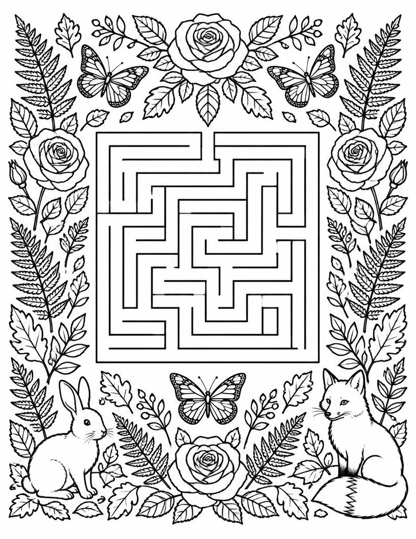 Sample Wedding Maze page: blank maze framed by roses, ferns, butterflies, a rabbit and a fox, with no people