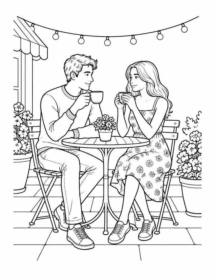 Sample story page: line-art couple in casual clothes sharing coffee at a café table with flowers and string lights