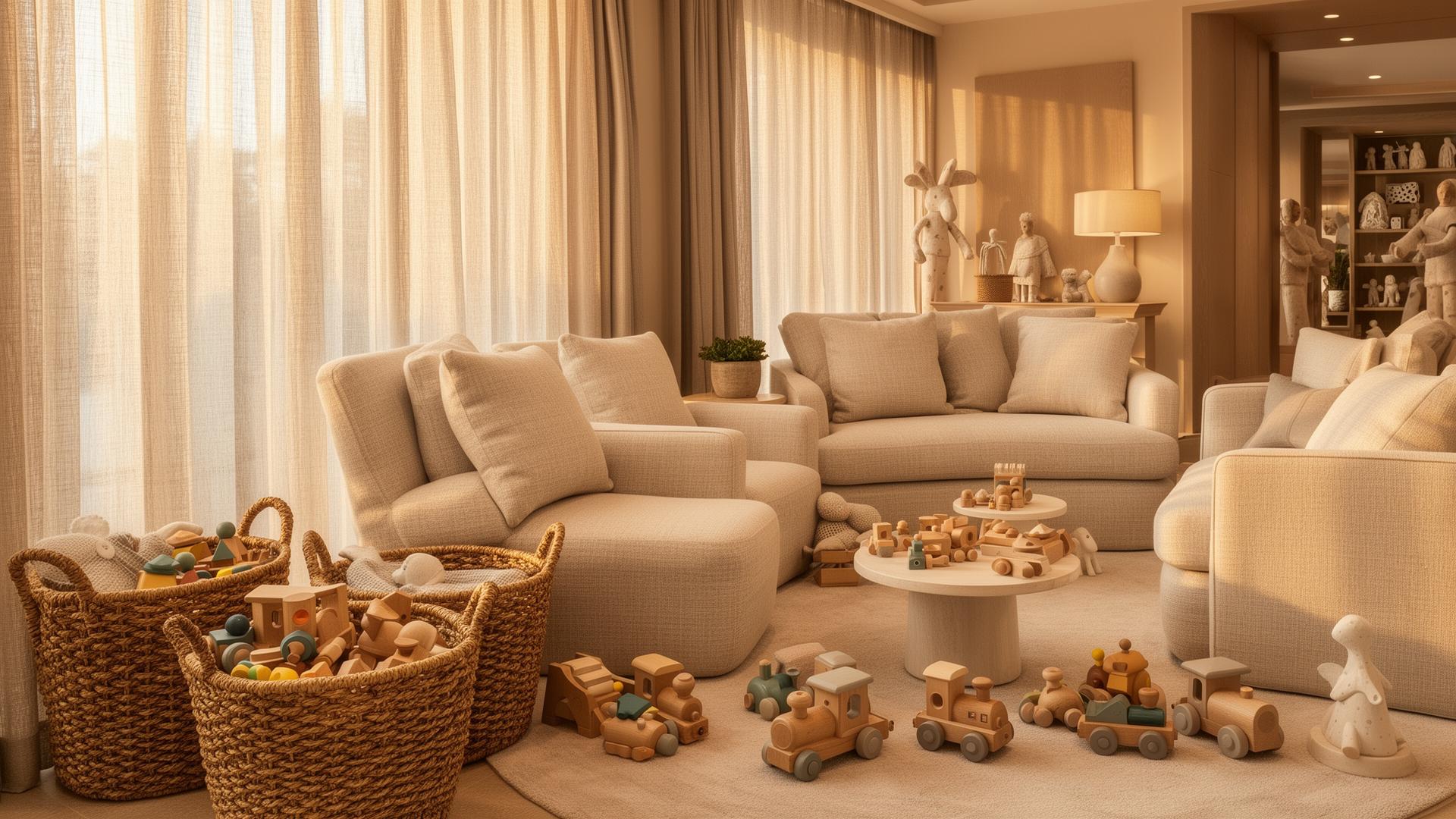Boutique children's lounge with linen seating and curated wooden toys