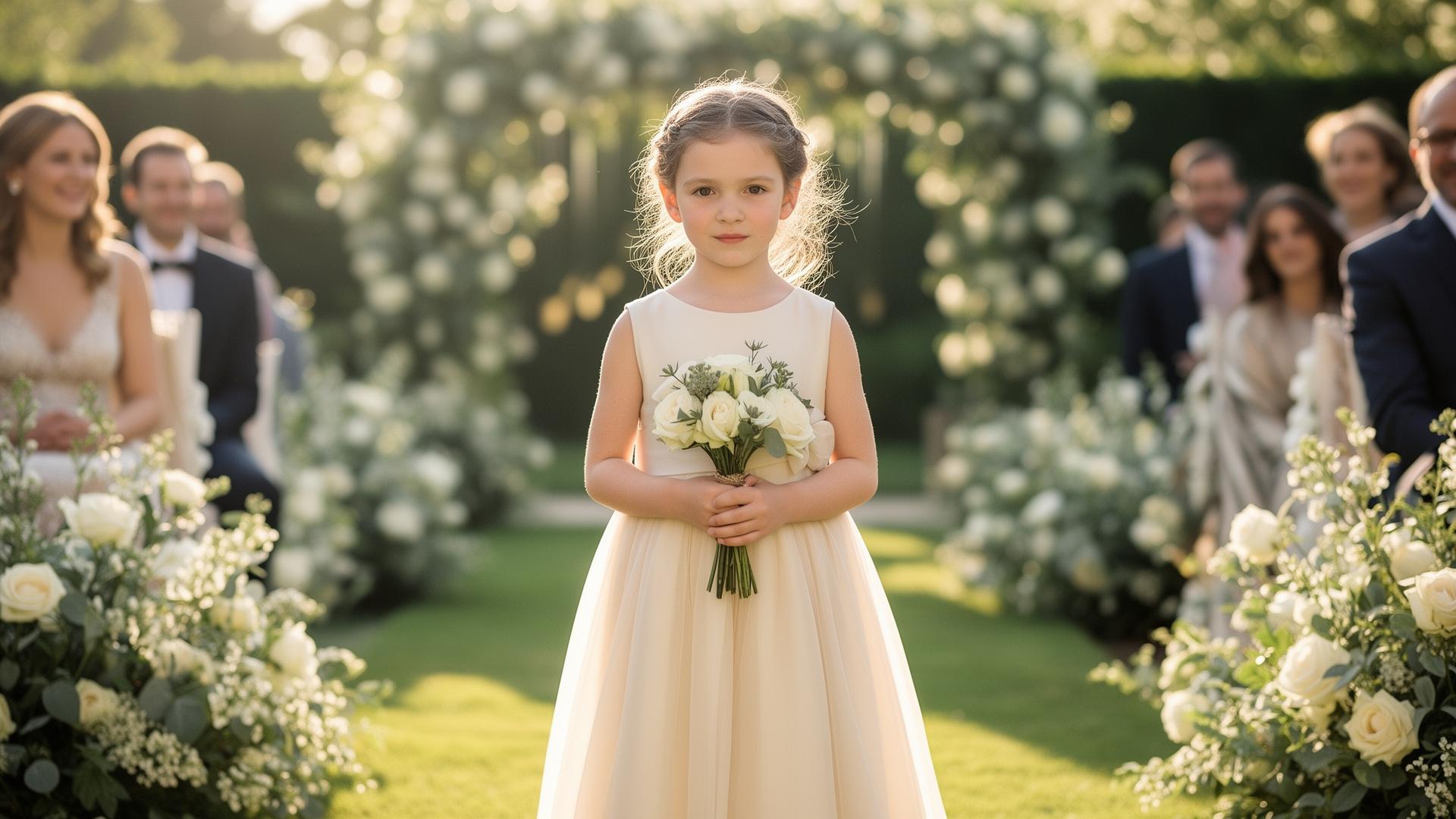 Flower girl in ivory dress at a luxury garden wedding